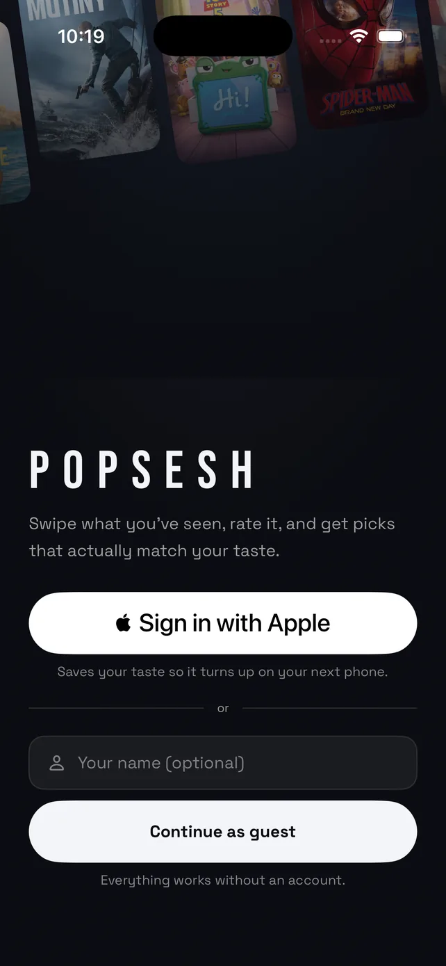 The POPSESH opening screen: sign in with Apple, or continue as guest. Everything works without an account